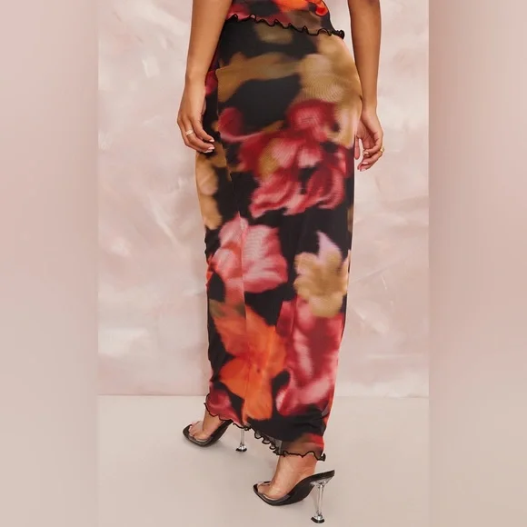 PrettyLittleThing Red Floral Mesh Low Rise Maxi Skirt US 8 - Picture 2 of 8